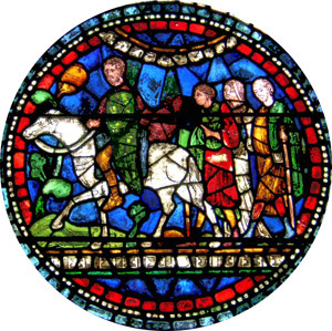 Window from the Cathedral showing pilgrims traveling to Canterbury.